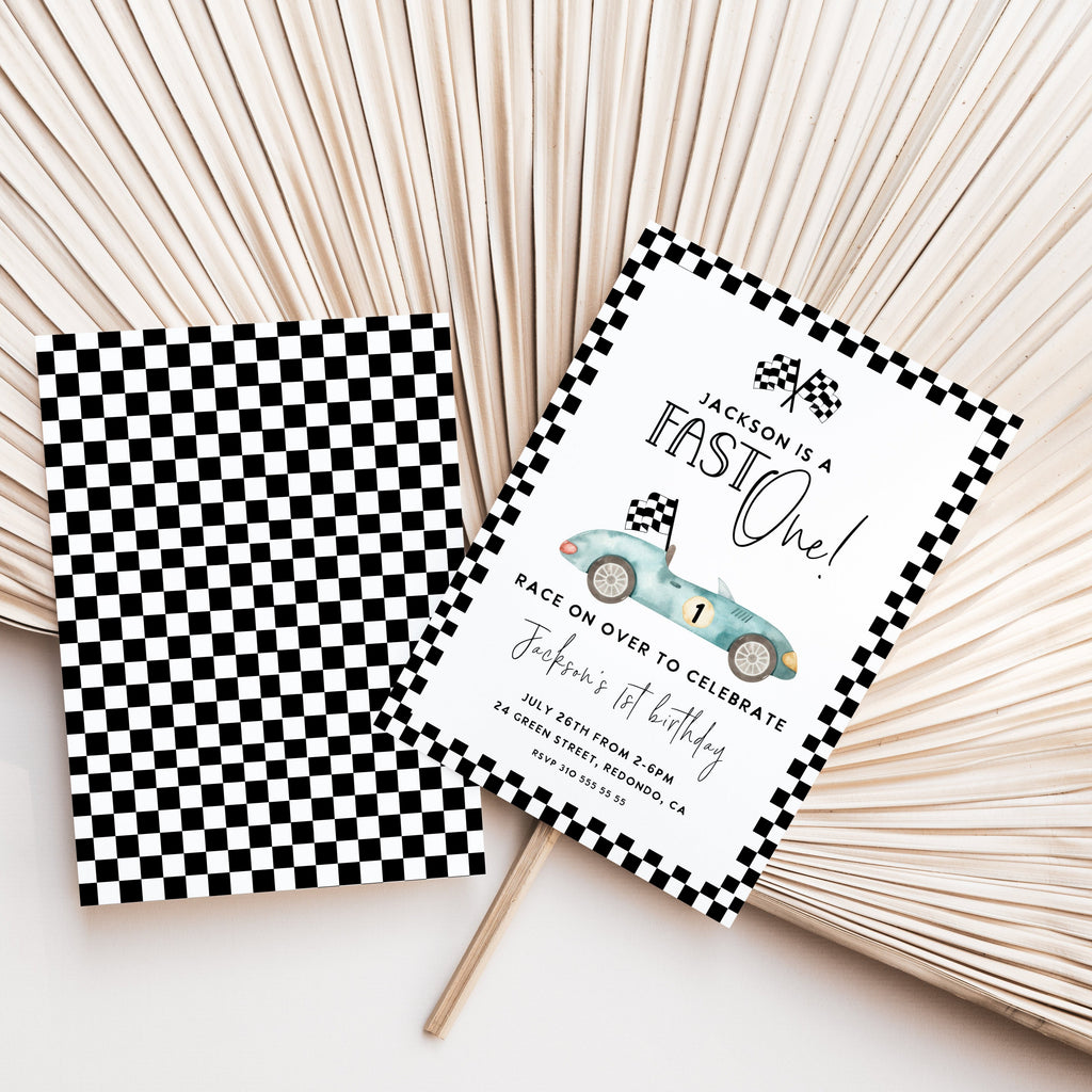 Race car birthday invitation, FAST ONE birthday invite, racecar birthday party