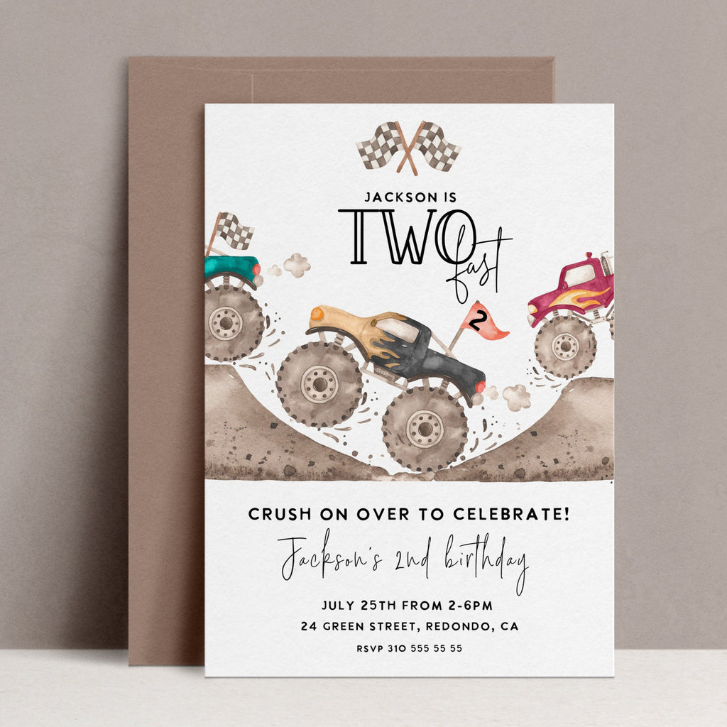Monster Truck Birthday invitation - TWO FAST- 2nd birthday invitation