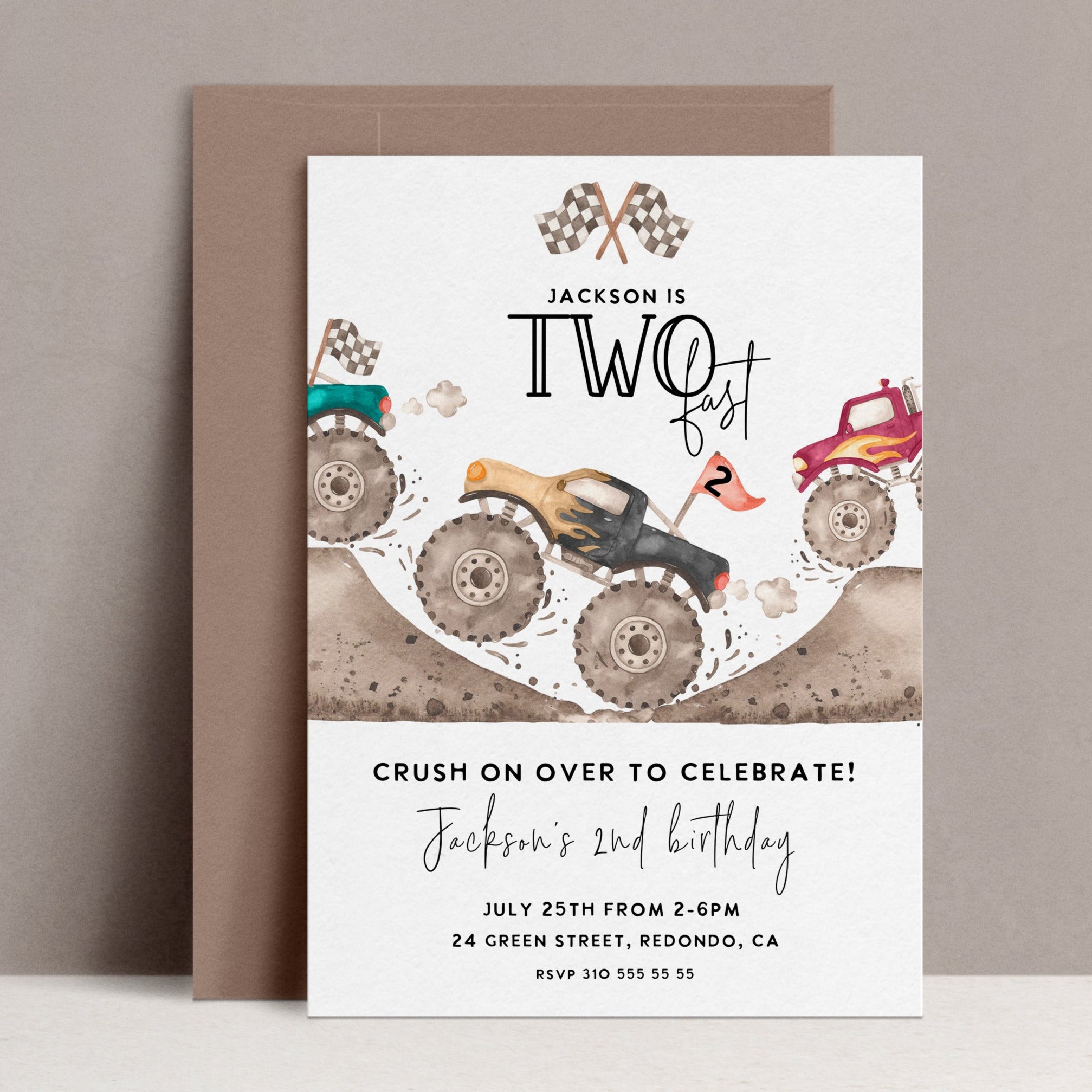 Monster Truck Birthday invitation - TWO FAST- 2nd birthday invitation