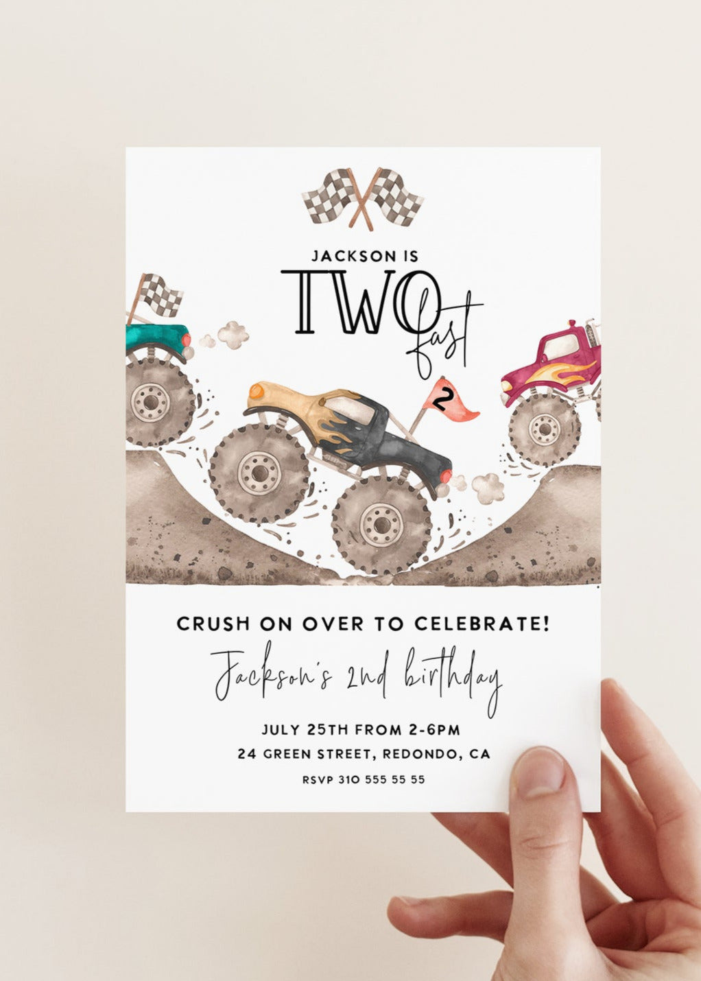 Monster truck birthday invitation Two Fast, 2nd birthday, second birthday boy, monster truck invitation 