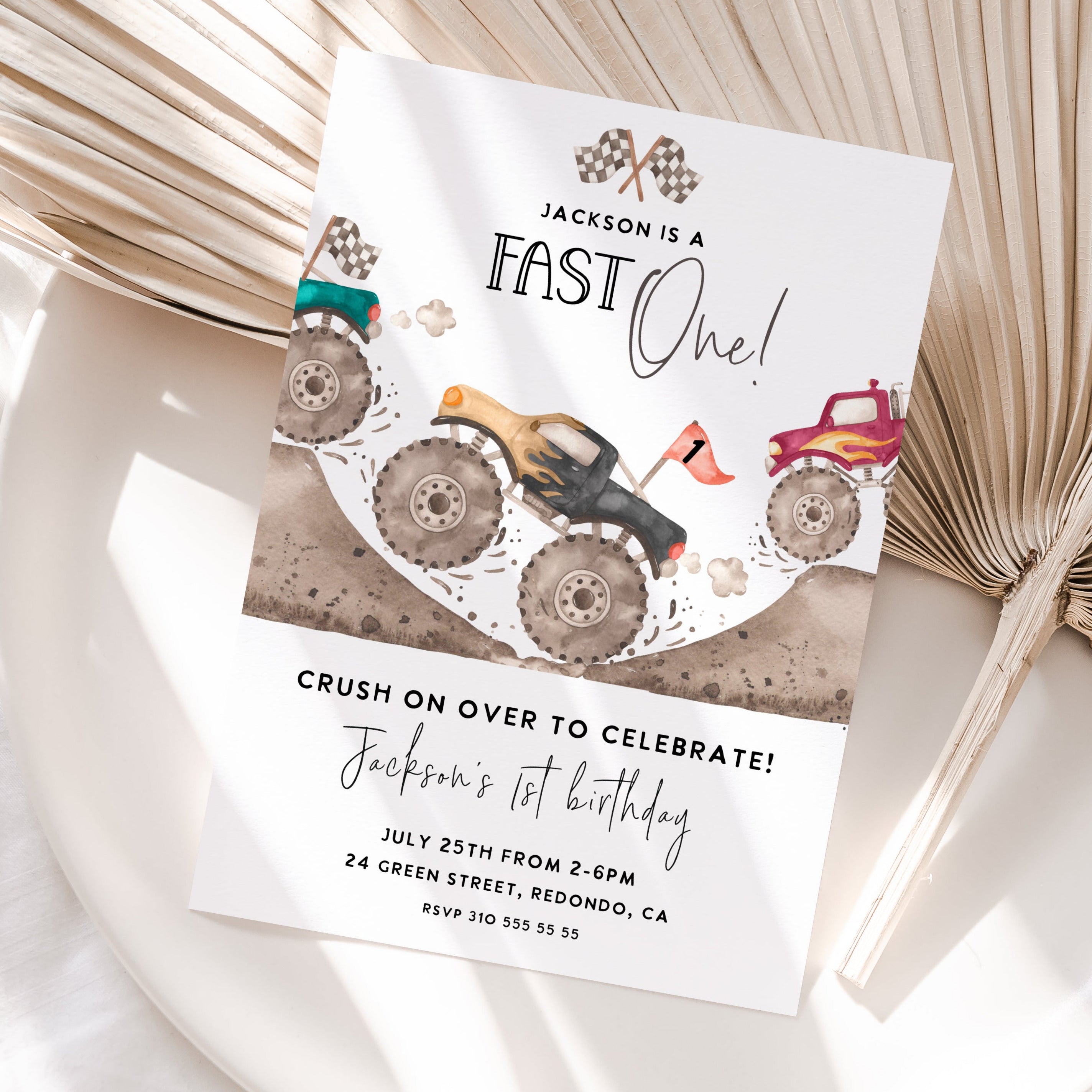 Monster truck Fast one Birthday first birthday invitation