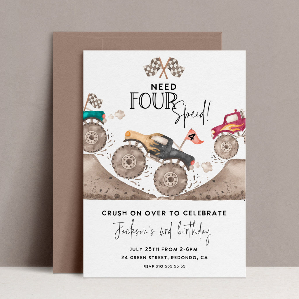 Monster truck birthday invitation, fourth birthday, 4th birthday, boy birthday invitation