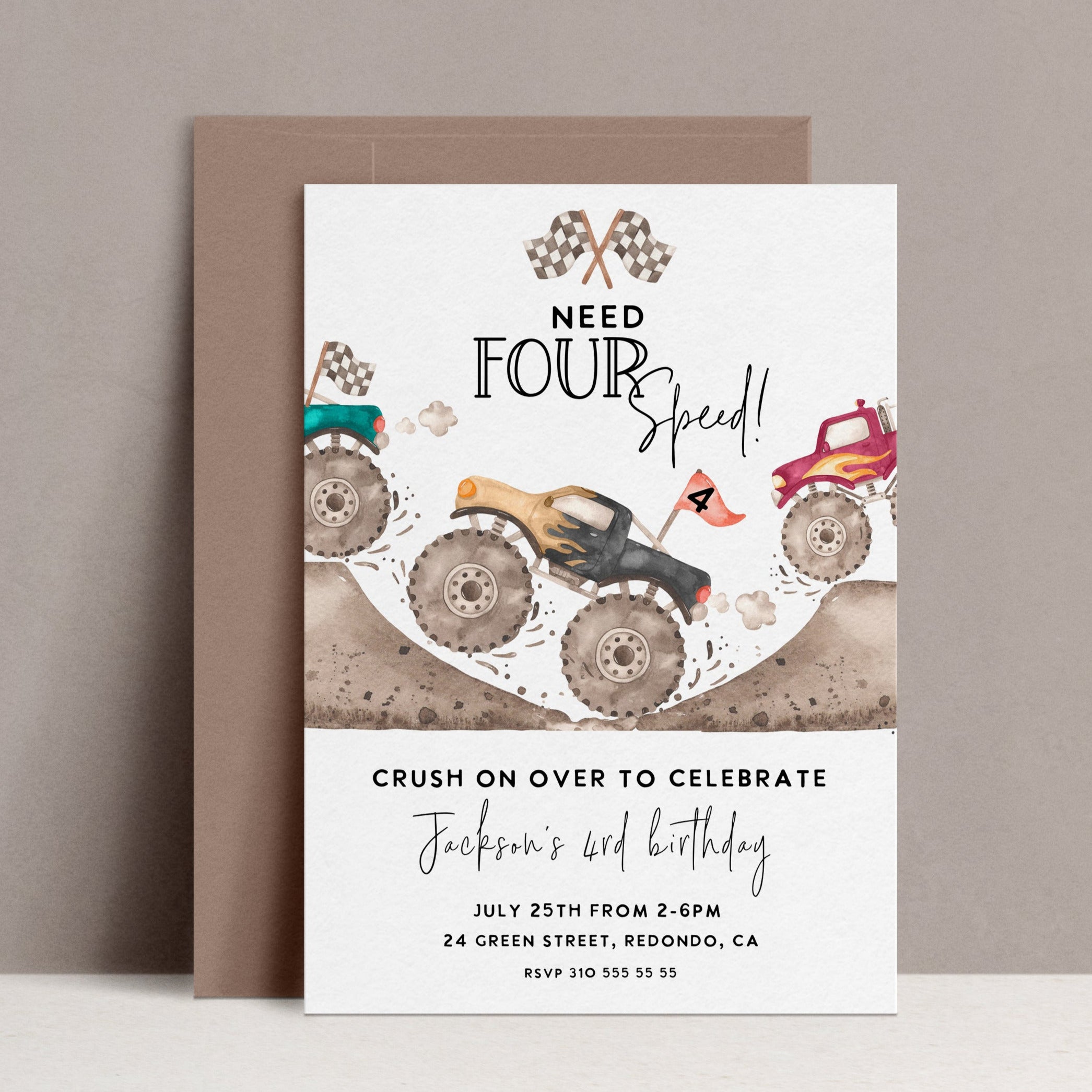 Monster truck birthday invitation, fourth birthday, 4th birthday, boy birthday invitation