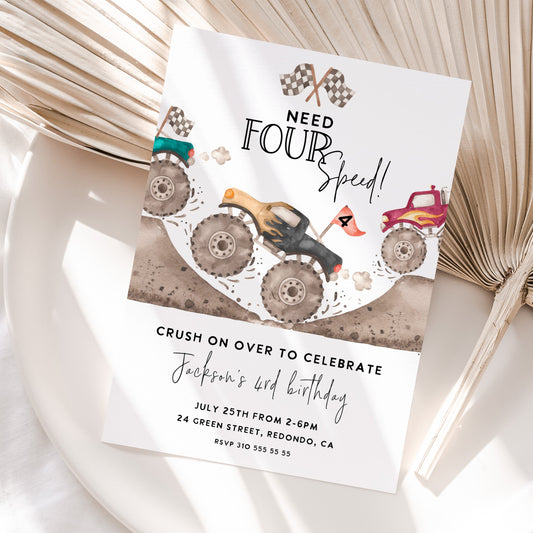 Monster truck birthday invitation NEED FUR SPEED, Monster truck invitation, boy birthday invitation