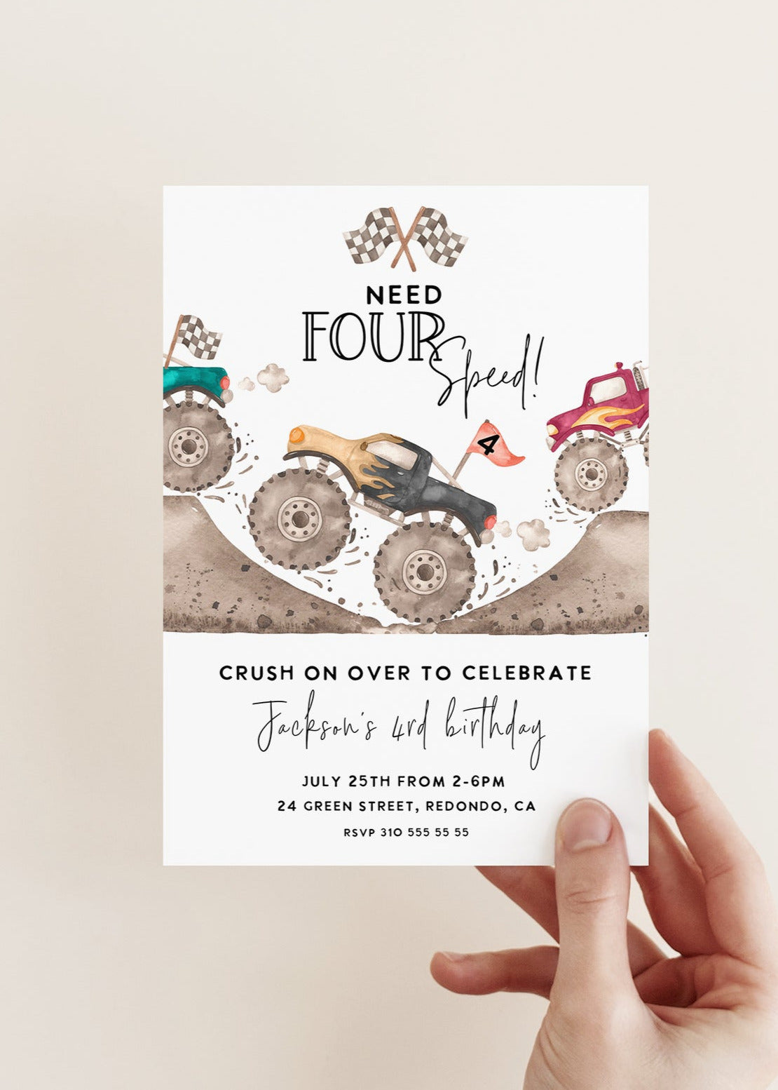 Monster Truck Birthday invitation - NEED FOUR SPEED- 4th birthday invitation