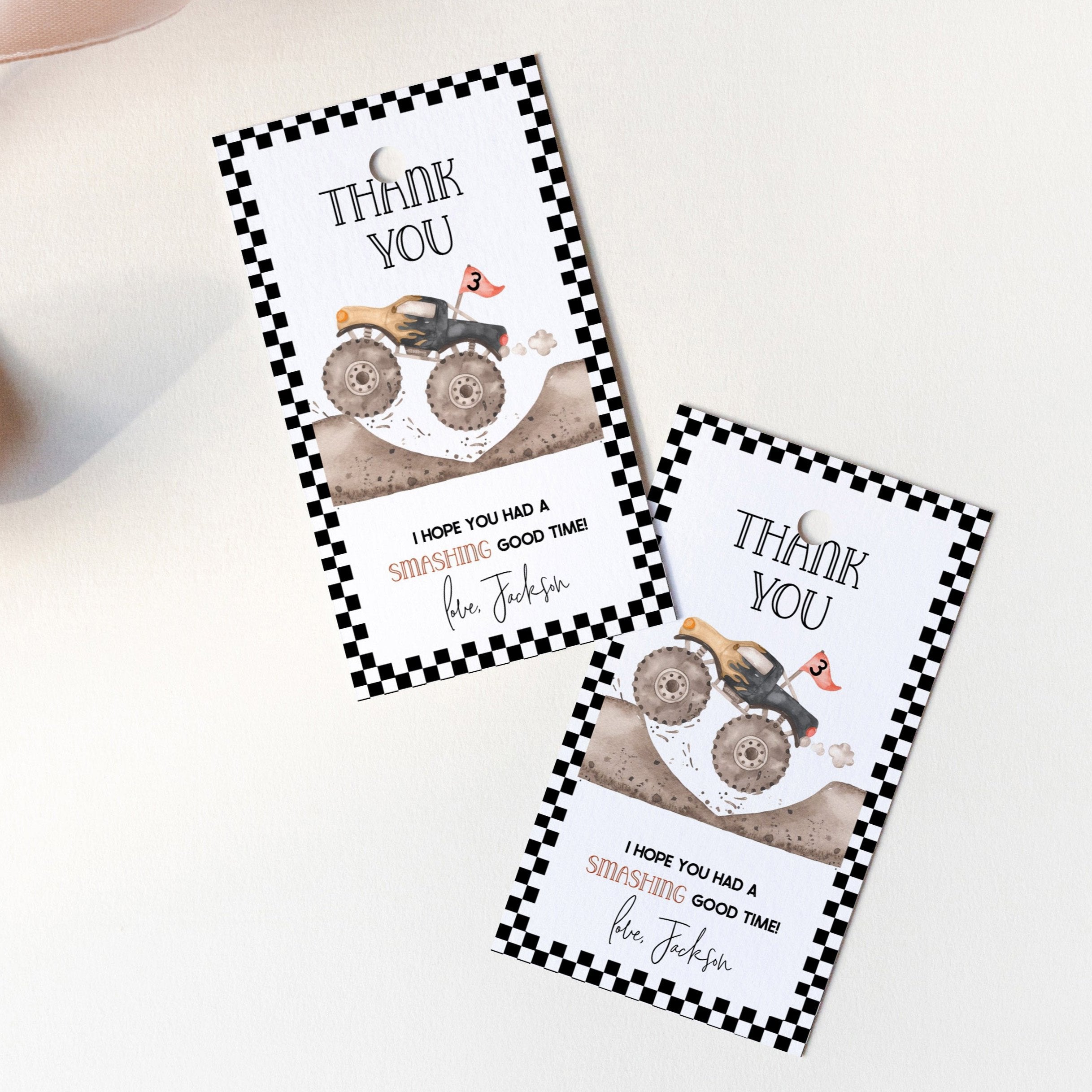 Monster truck thank you tag, monster truck decor, monster truck favor tag, gift tag