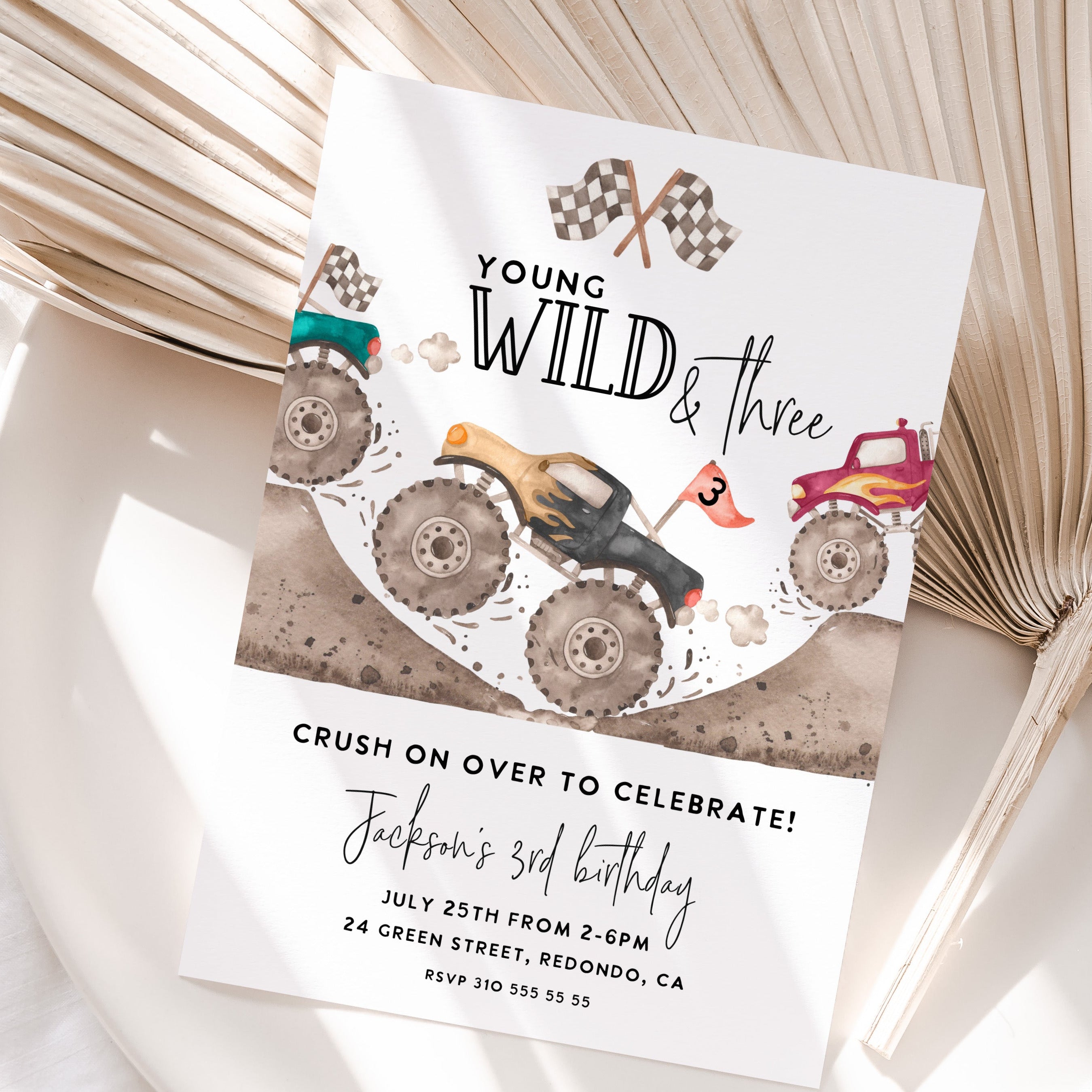 Monster truck party - young wild and three invitation template