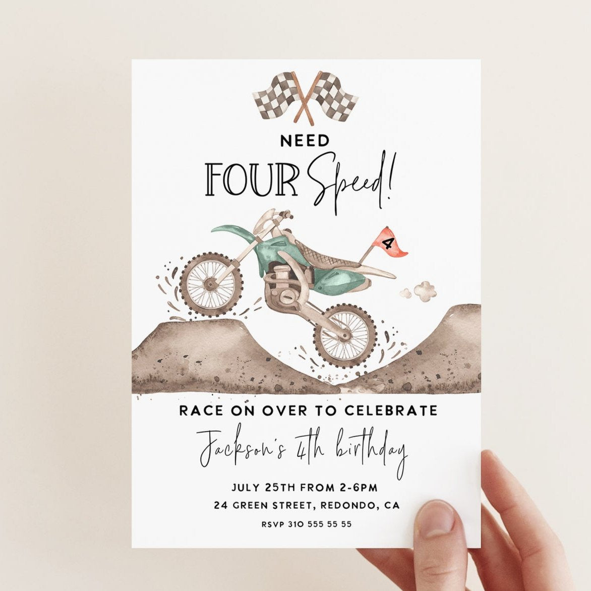 Dirt bike birthday invitation, need for speed, racing party, 4th birthday inviation, boy birthday, fourth birthday, dirt bike party
