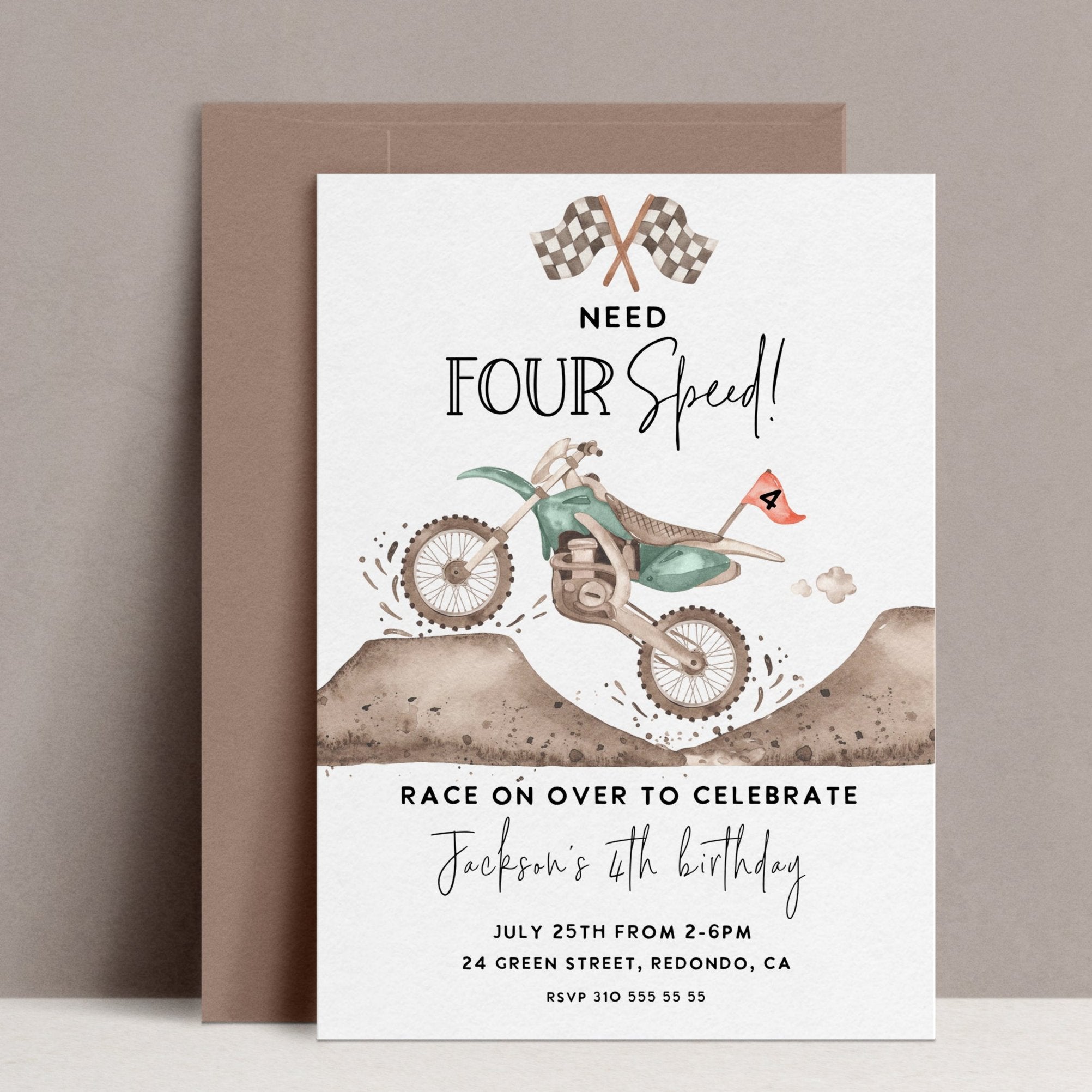 Dirt bike birthday invitation, need for speed, racing party, 4th birthday inviation, boy birthday, fourth birthday, dirt bike party