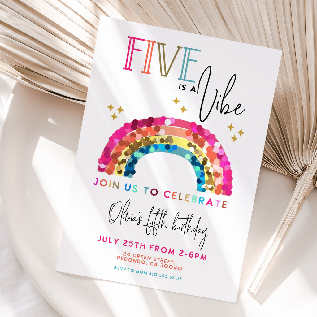 Rainbow Birthday invitation card with rainbow design on a white background
