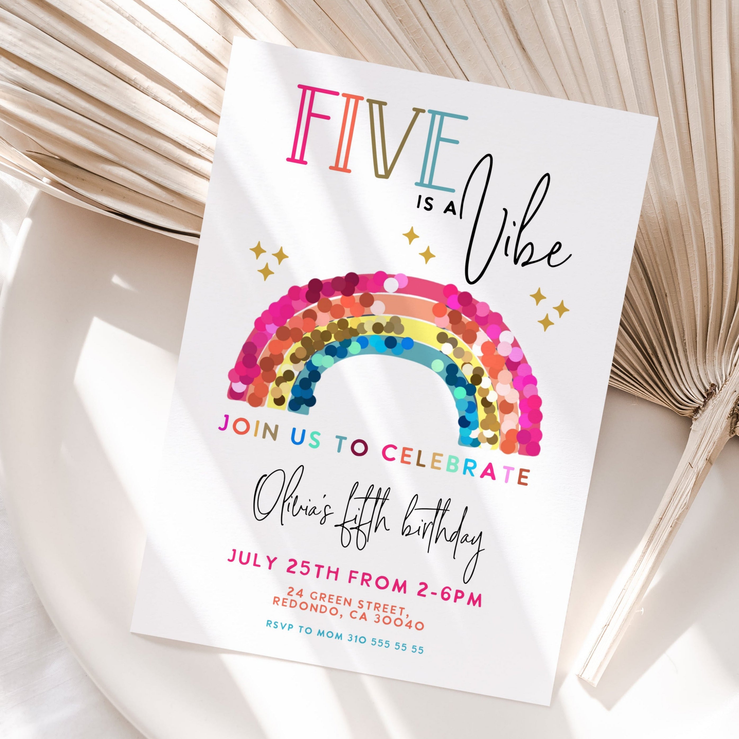 Rainbow Birthday invitation card with rainbow design on a white background
