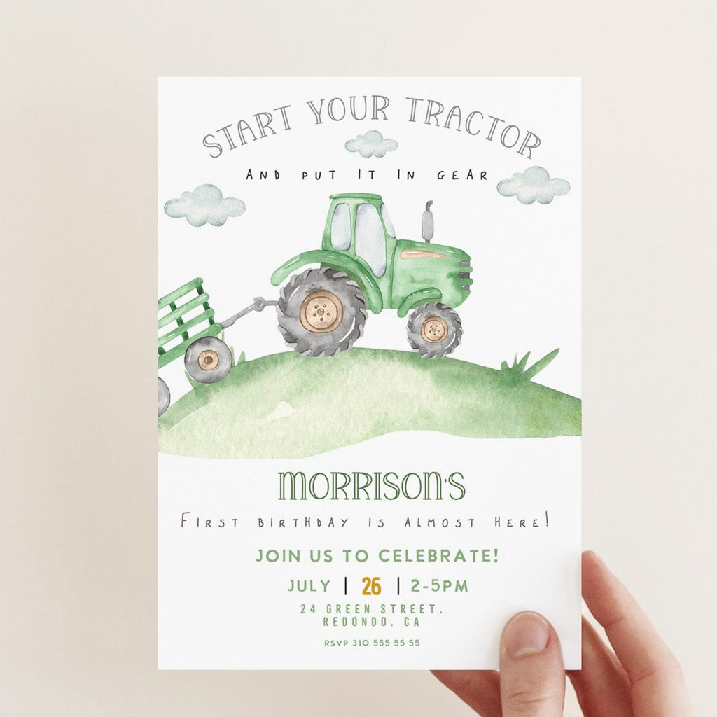 Green tractor birthday invitation, Green tractor party, Tractor invite, kids birthday invitation