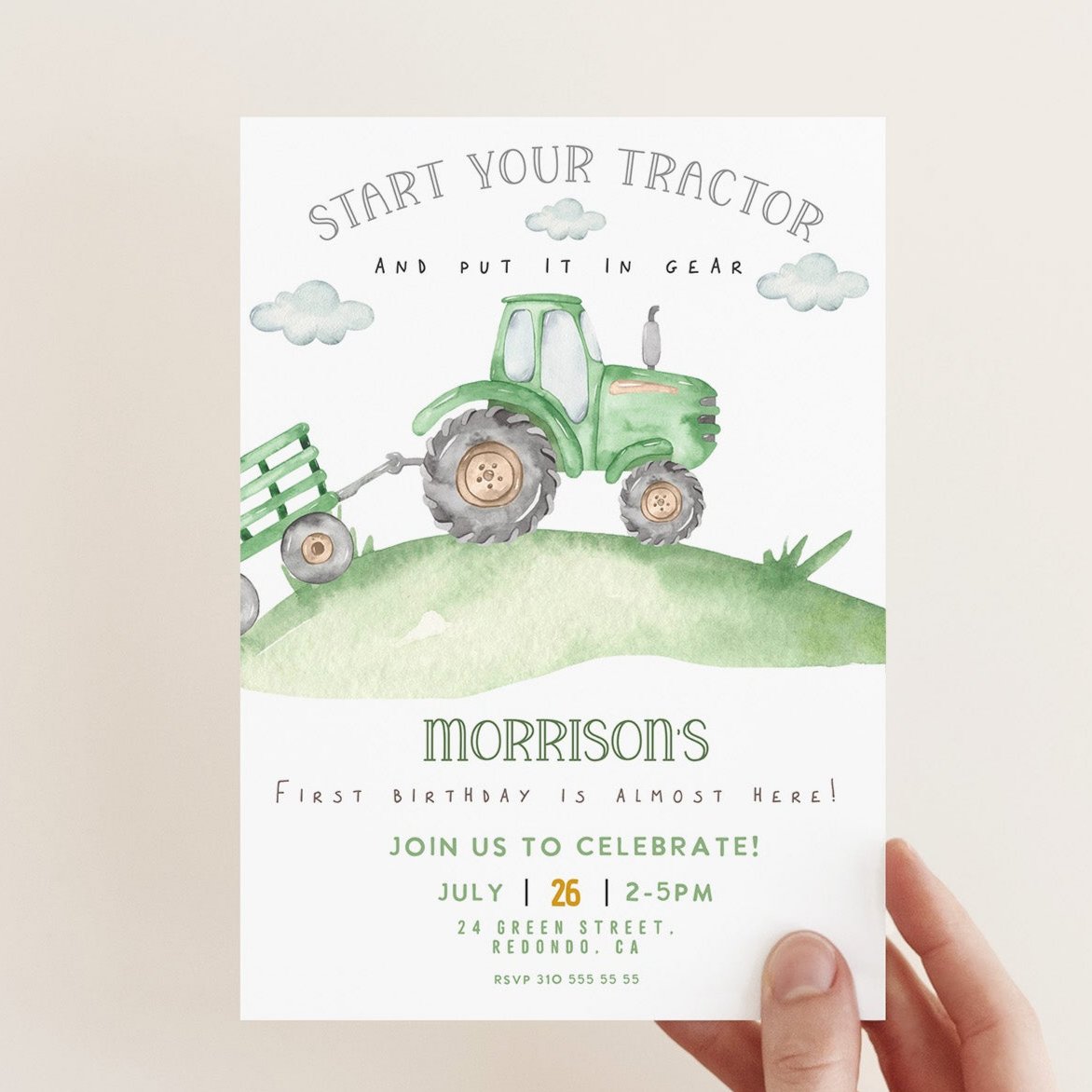Green tractor birthday invitation, Green tractor party, Tractor invite, kids birthday invitation