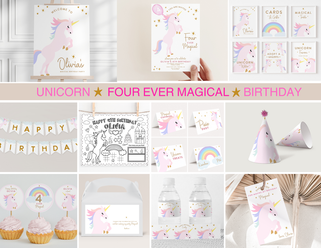 Unicorn Birthday Invitation - FOUR EVER MAGICAL