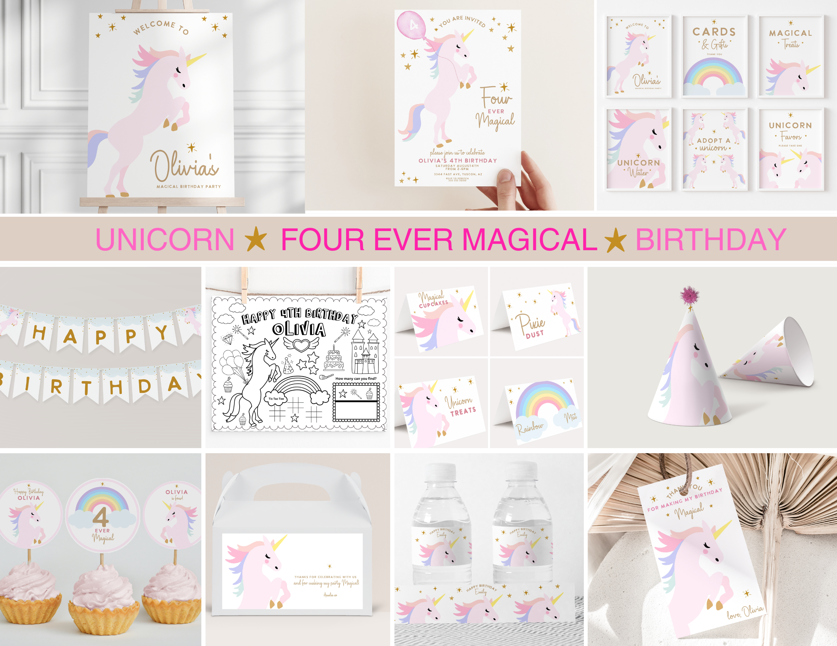 Unicorn Birthday party BUNDLE- FOUR EVER MAGICAL