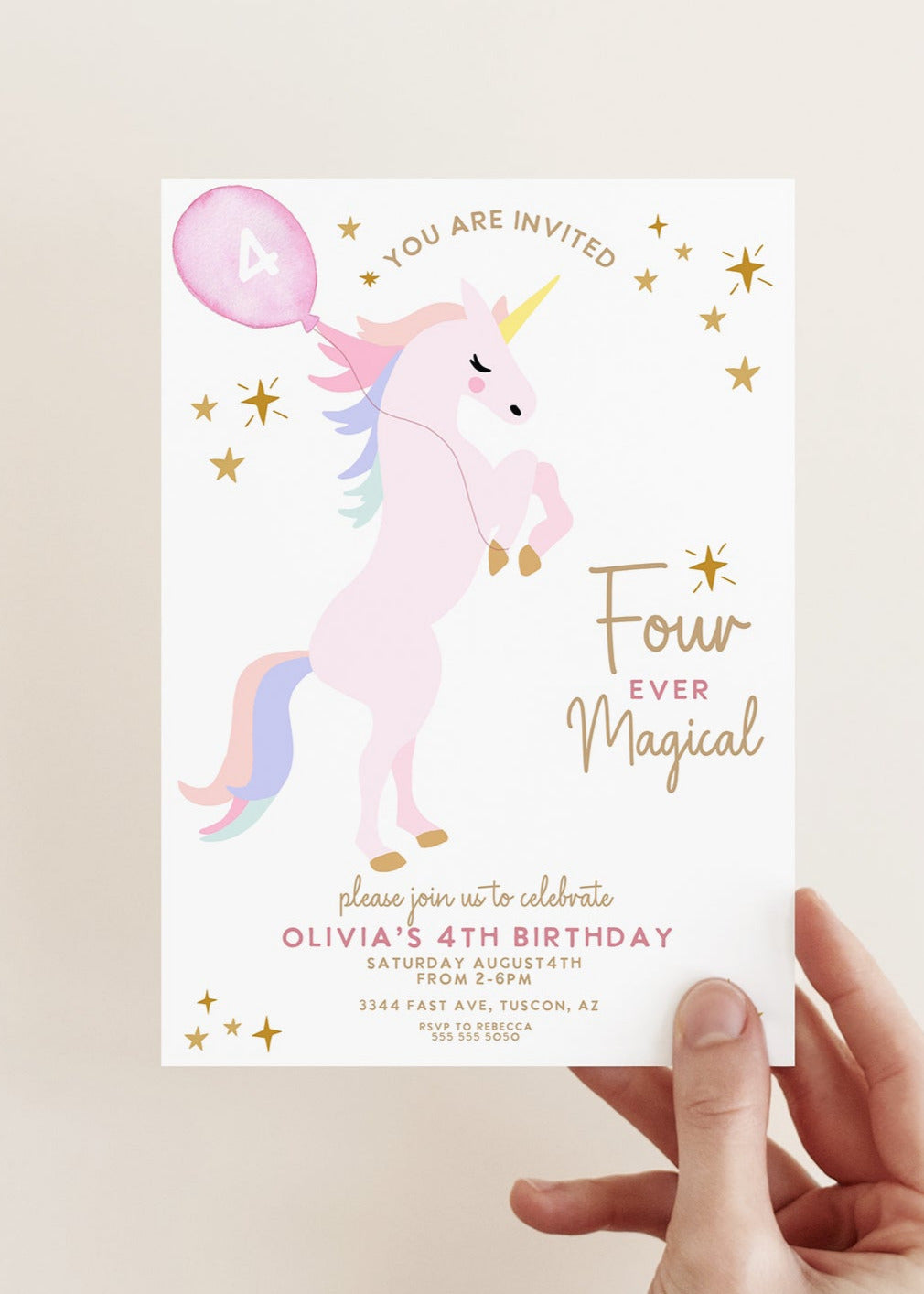 Unicorn birthday invitation, Unicorn party invite, unicorn invitation, girl birthday, 4th birthday party, fourth birthday