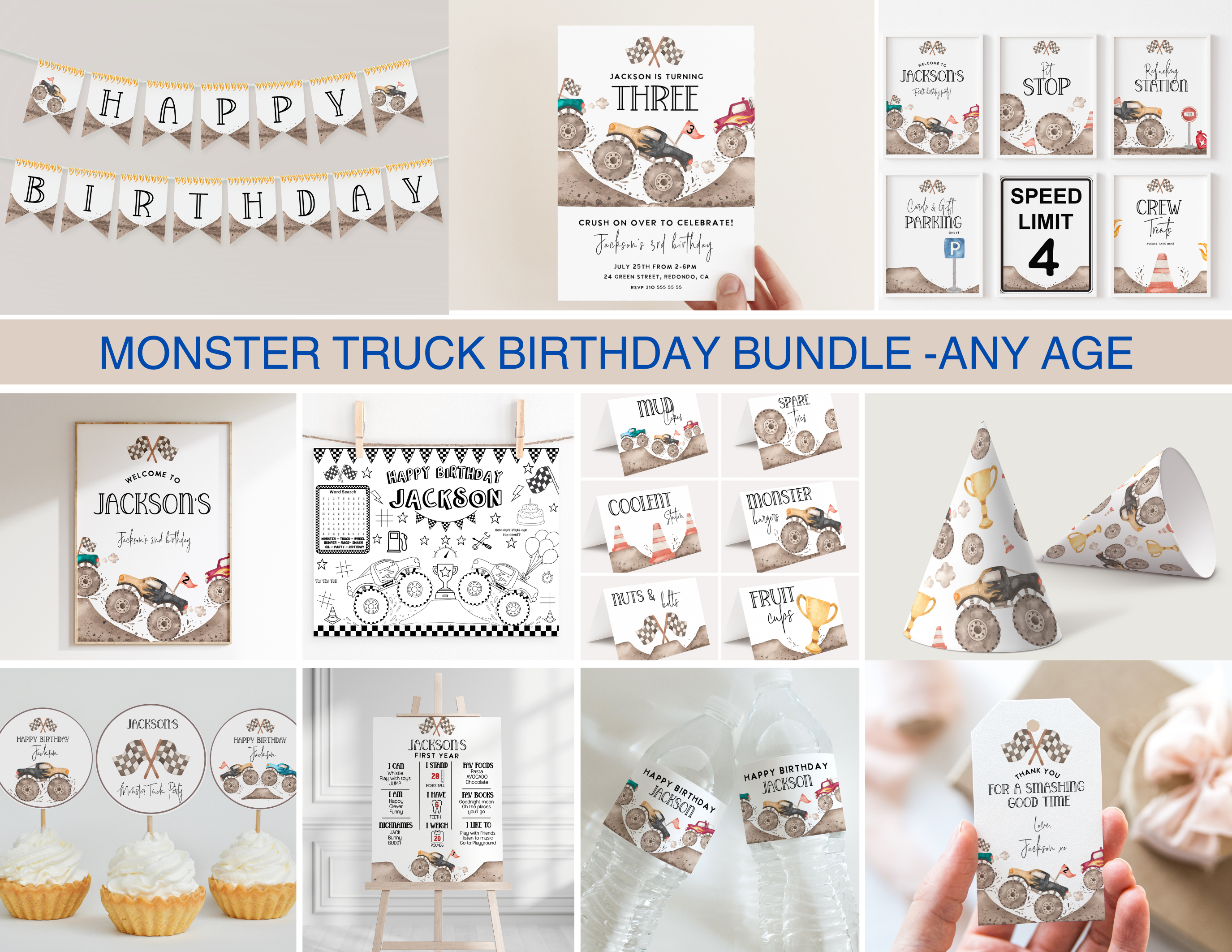 Monster truck birthday bundle, monster truck party decor, monster truck invitation bundle, monster truck bash