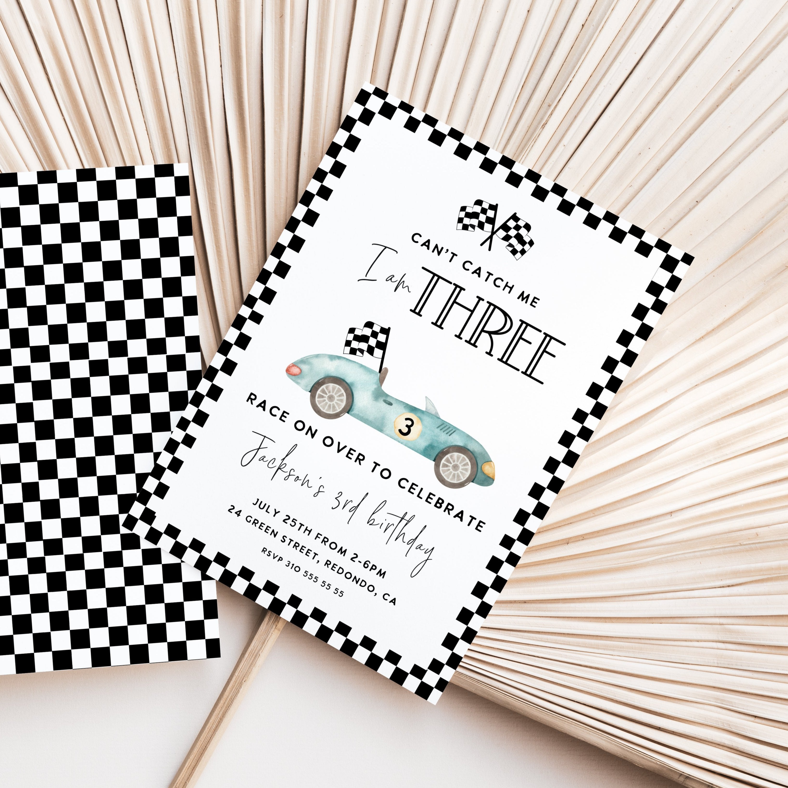 Race Car Birthday Invitation Can't catch me, I am Three