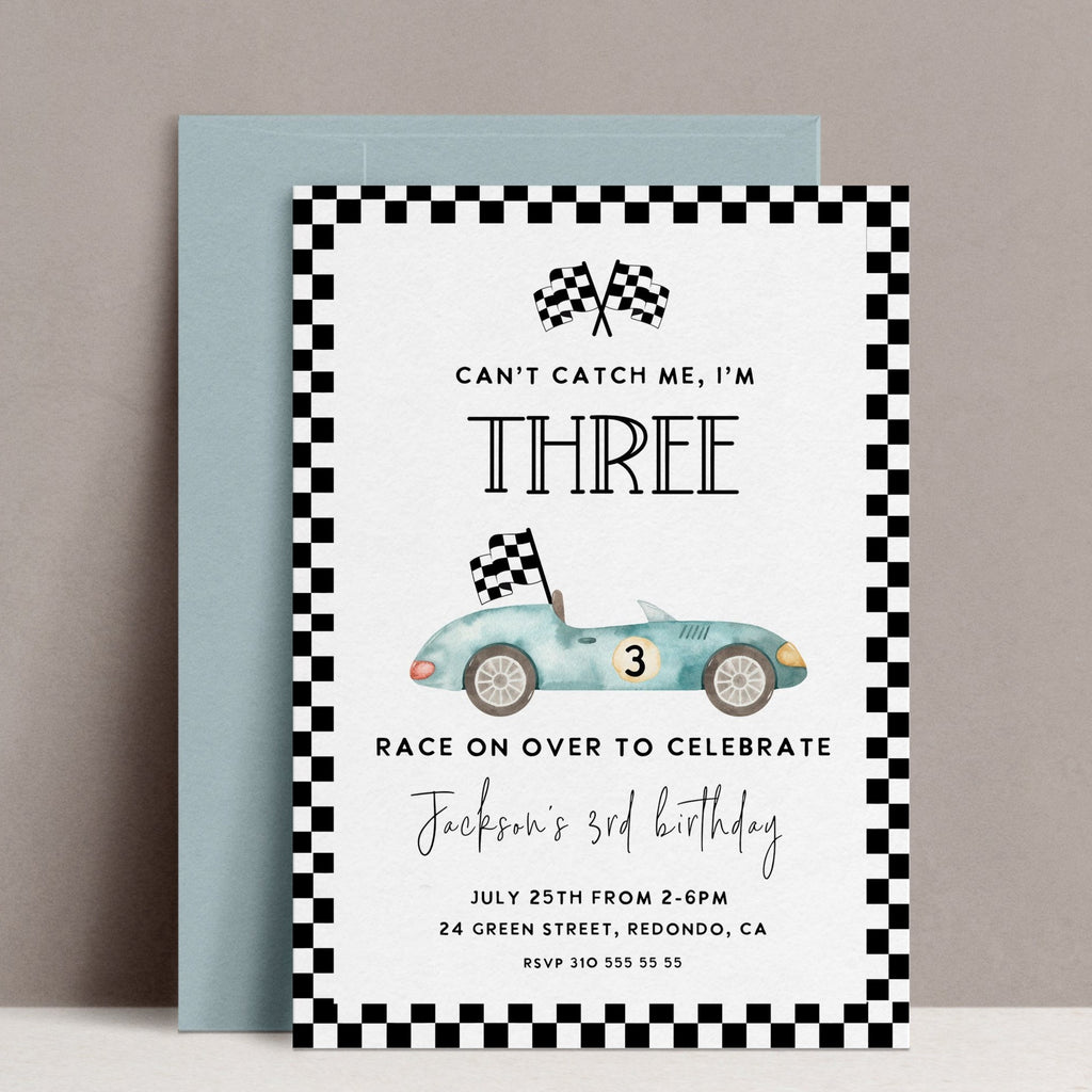 Race Car Birthday Invitation Can't catch me, I am Three