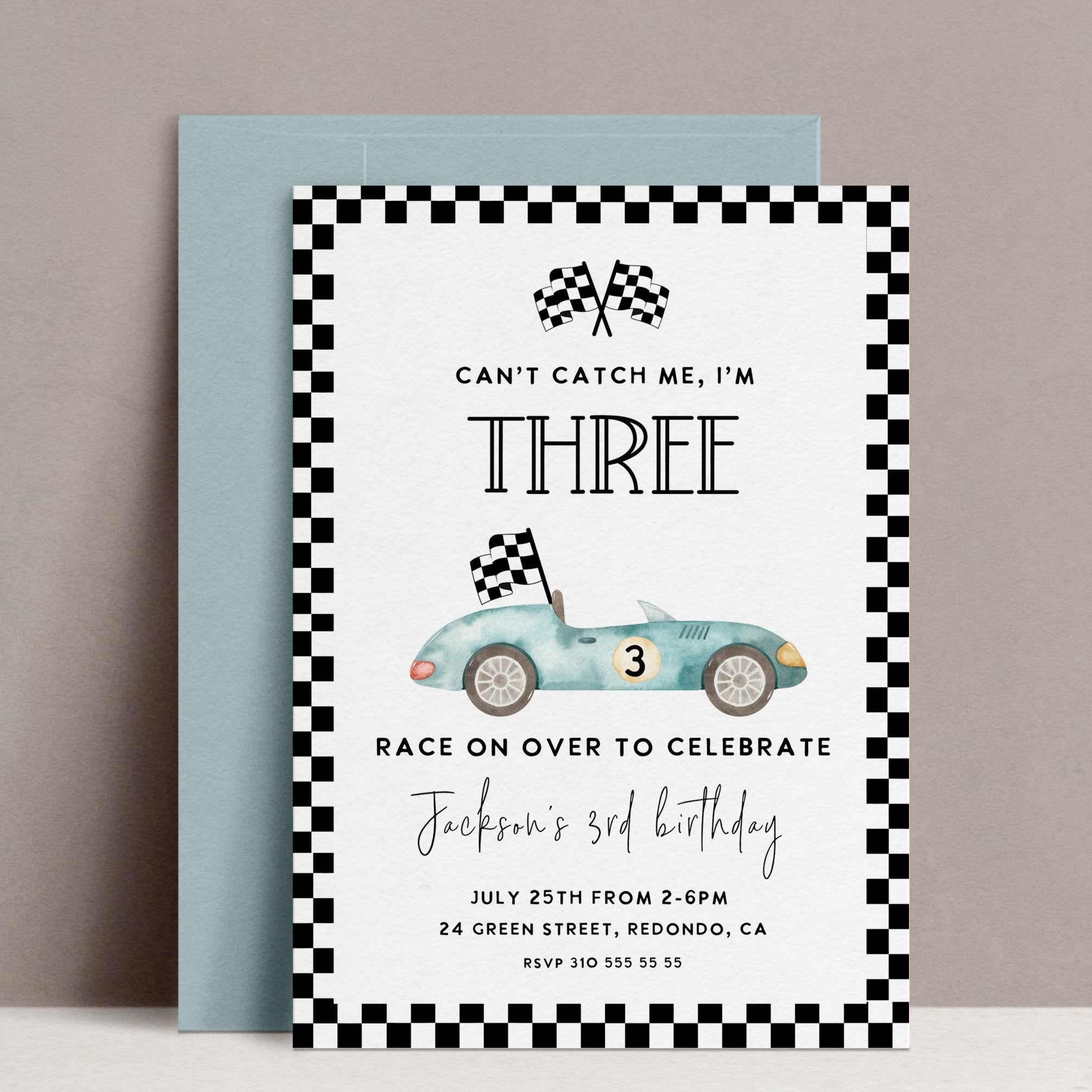 Race Car Birthday Invitation Can't catch me, I am Three