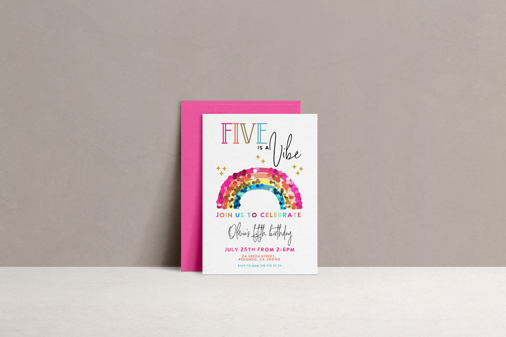 Rainbow 5th  birthday inviation- Five is a Vibe,