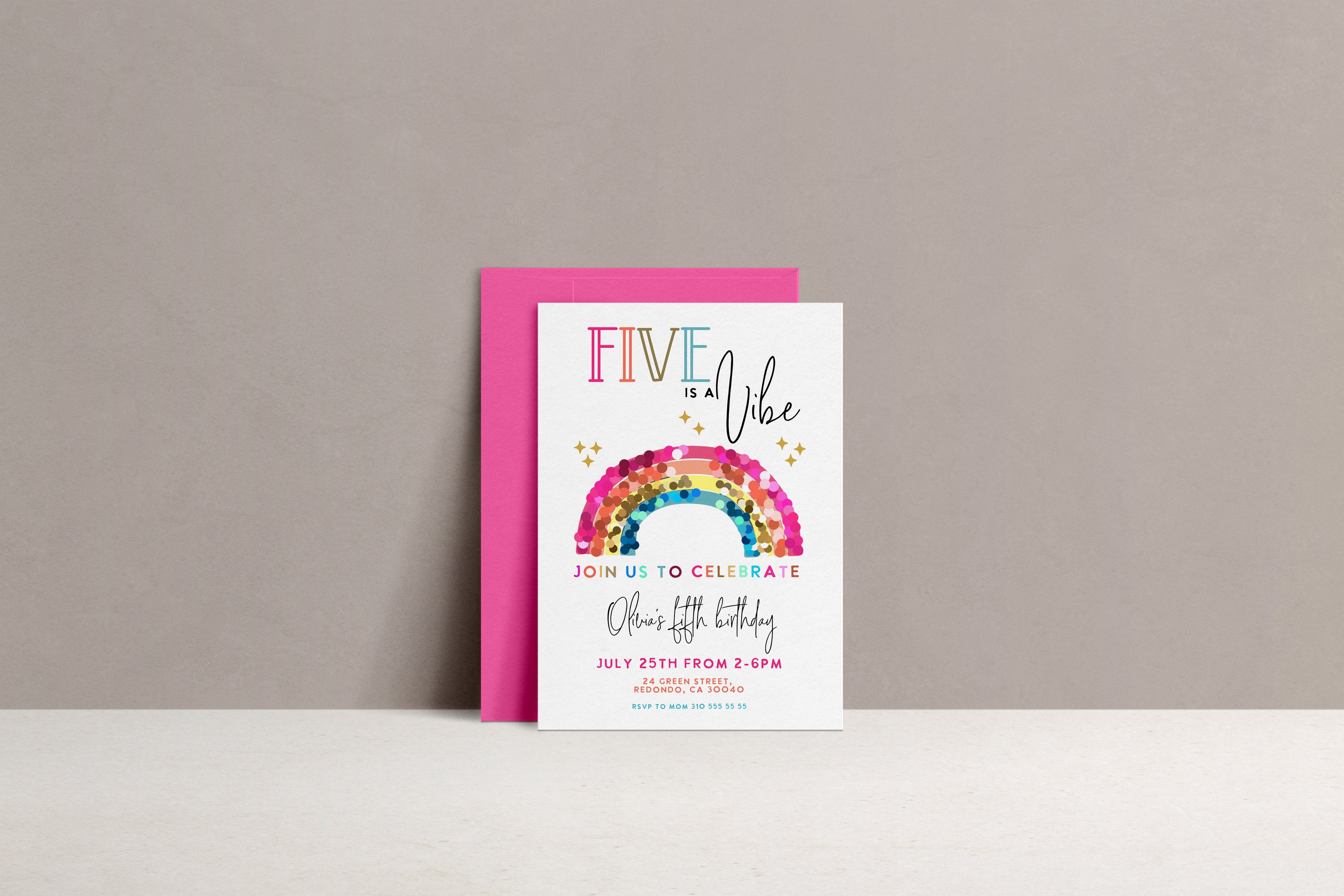 Rainbow 5th  birthday inviation- Five is a Vibe,