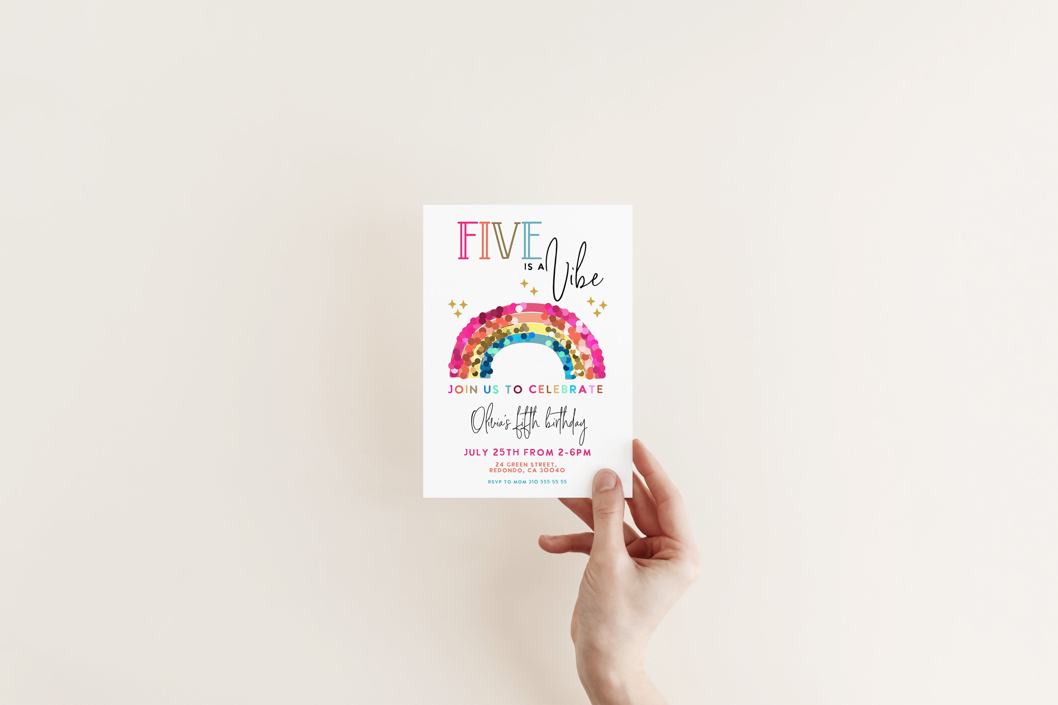 Rainbow 5th  birthday inviation- Five is a Vibe,