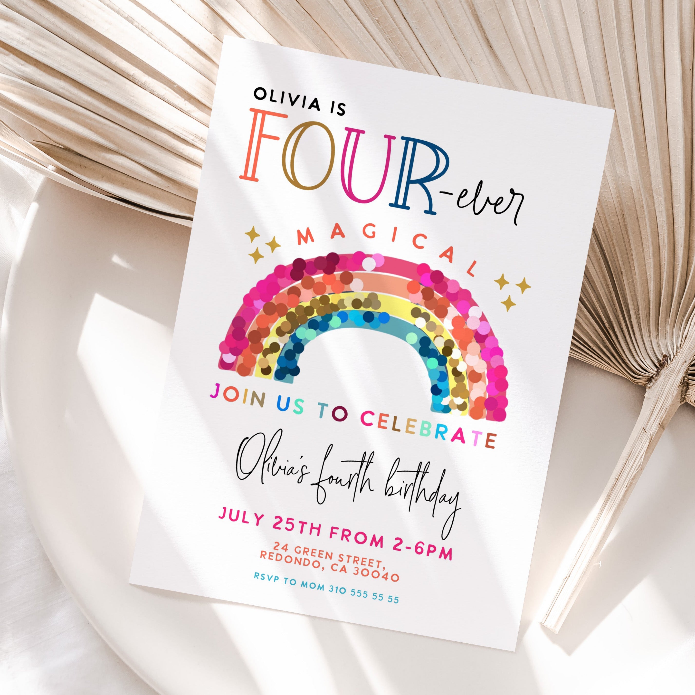 Colorful birthday invitation with rainbow design FOURever Magical