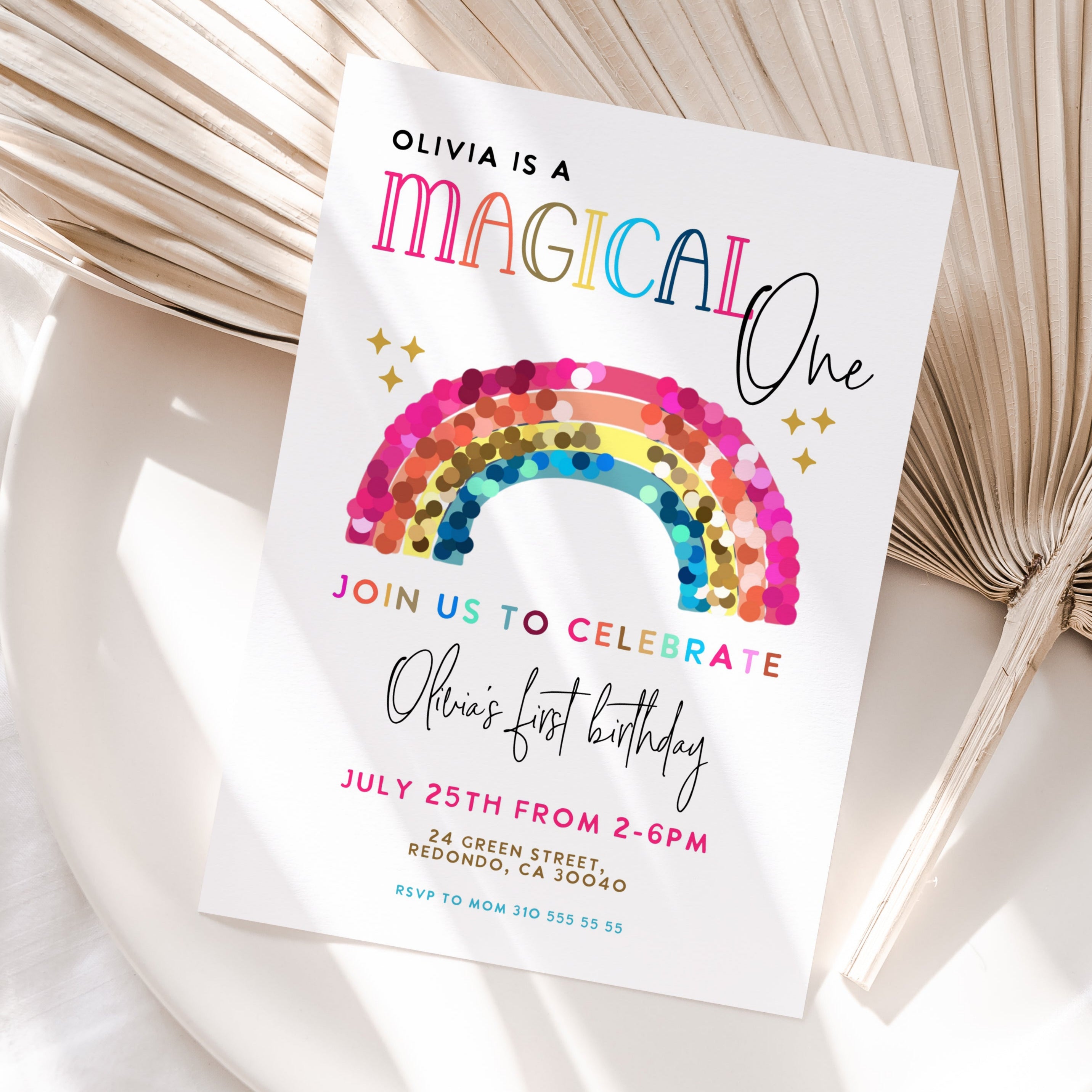 rainbow 1st birthday invitation - magical one