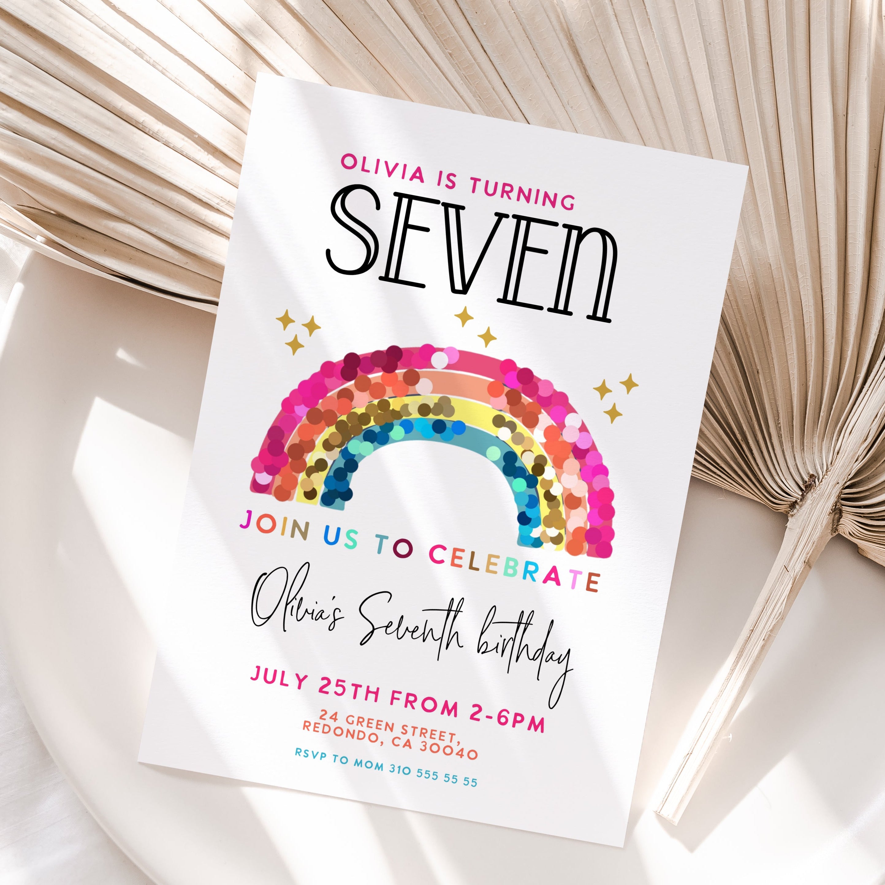Rainbow birthday invitation any age editable template