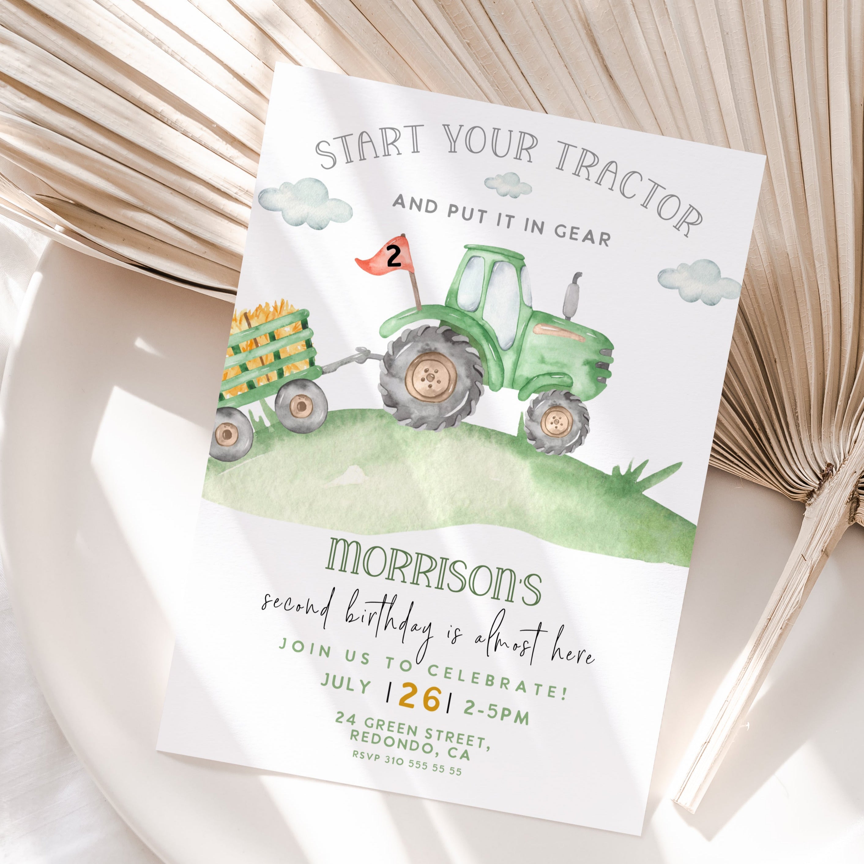 Green tractor birthday invitation, Tracor invitation, second birthday