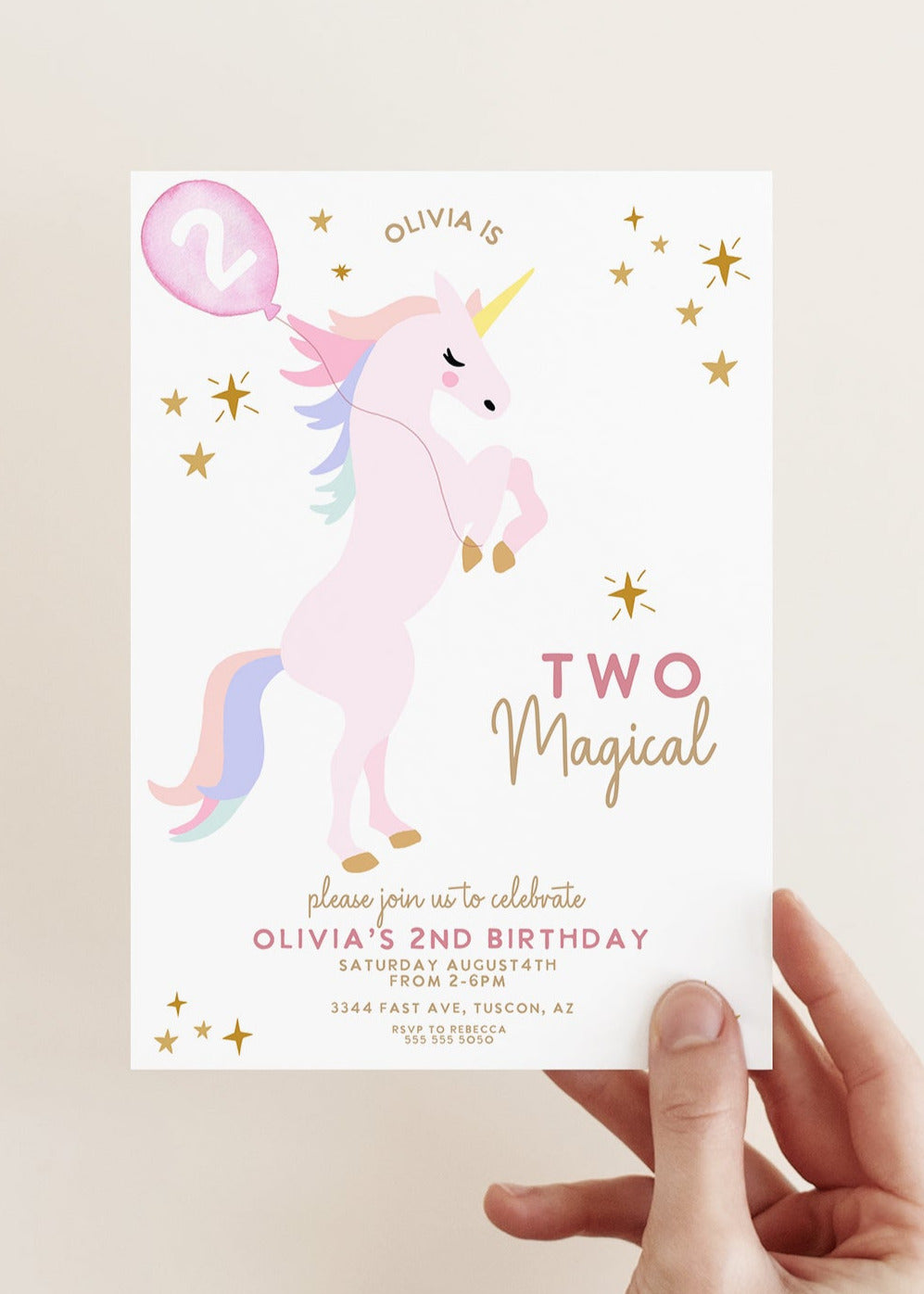Unicorn birthday invitation, second birthday, unicorn party invite
